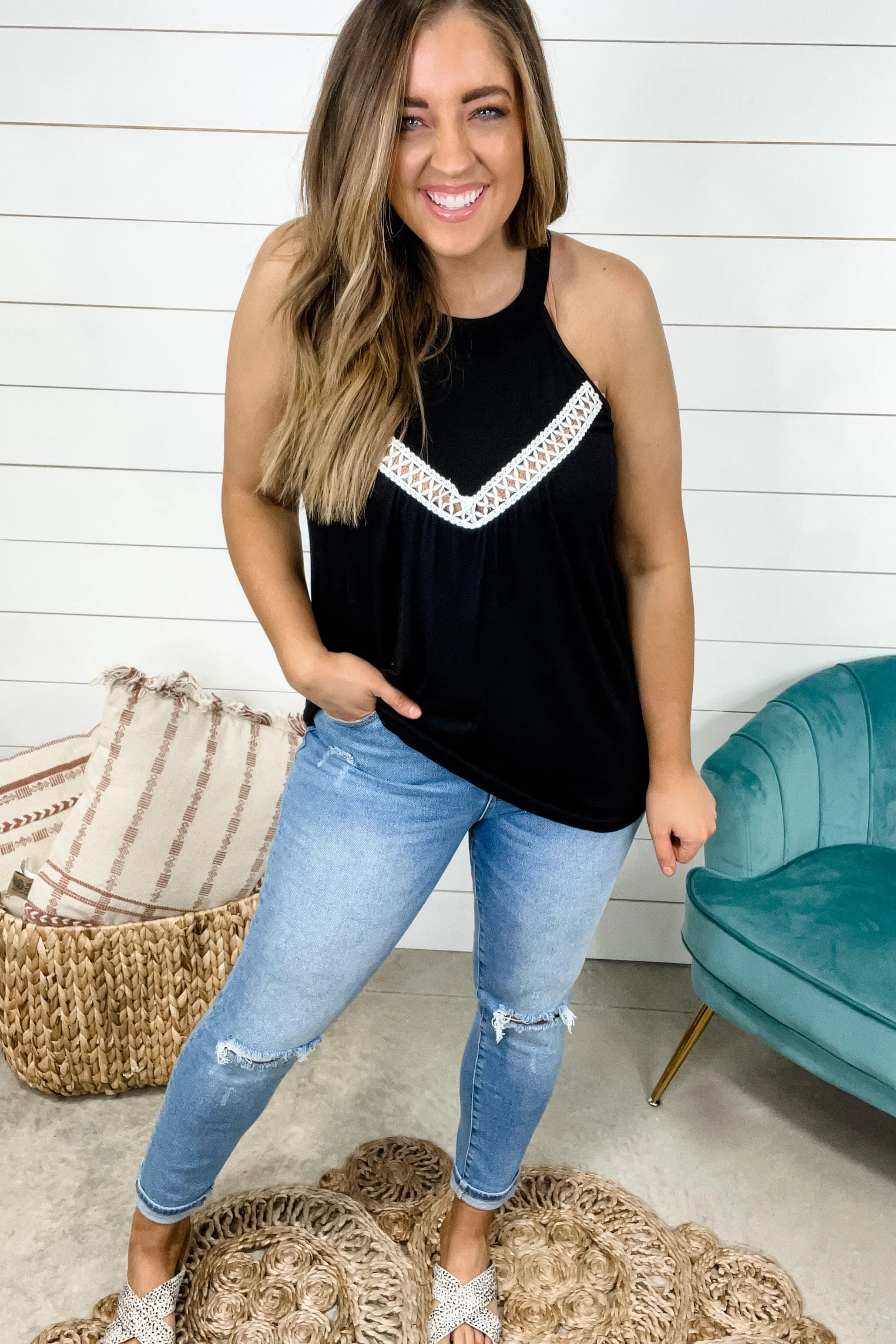 Make My Own Way- {Black & Ivory} Tank Top w/ Halo Neckline & Crochet Detail