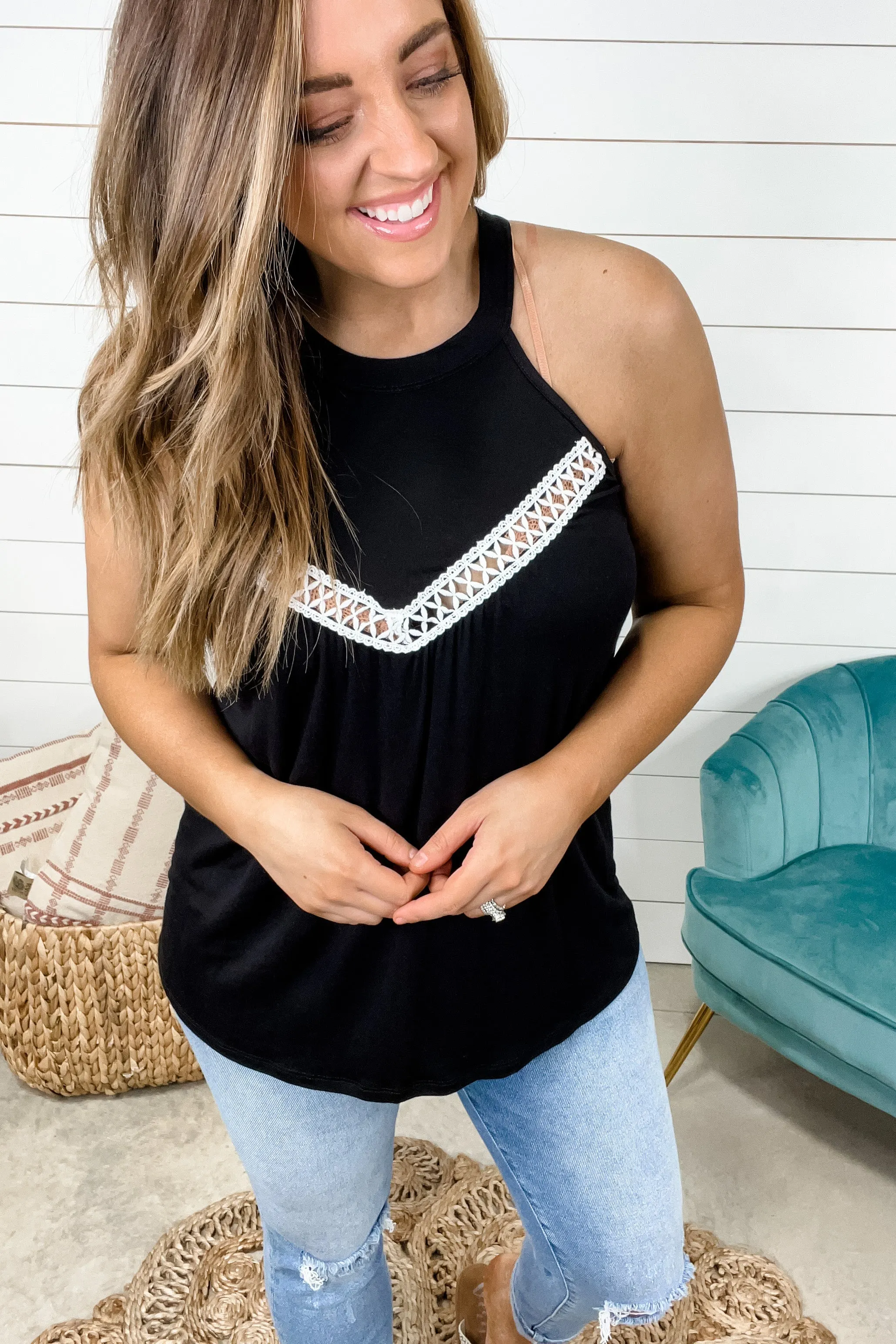 Make My Own Way- {Black & Ivory} Tank Top w/ Halo Neckline & Crochet Detail