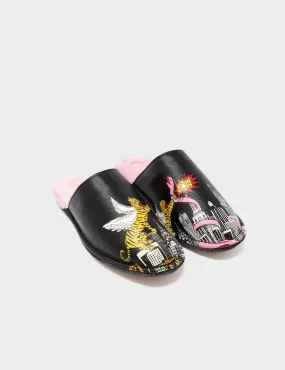 Marcelo Black Leather Slippers - Herocity Print