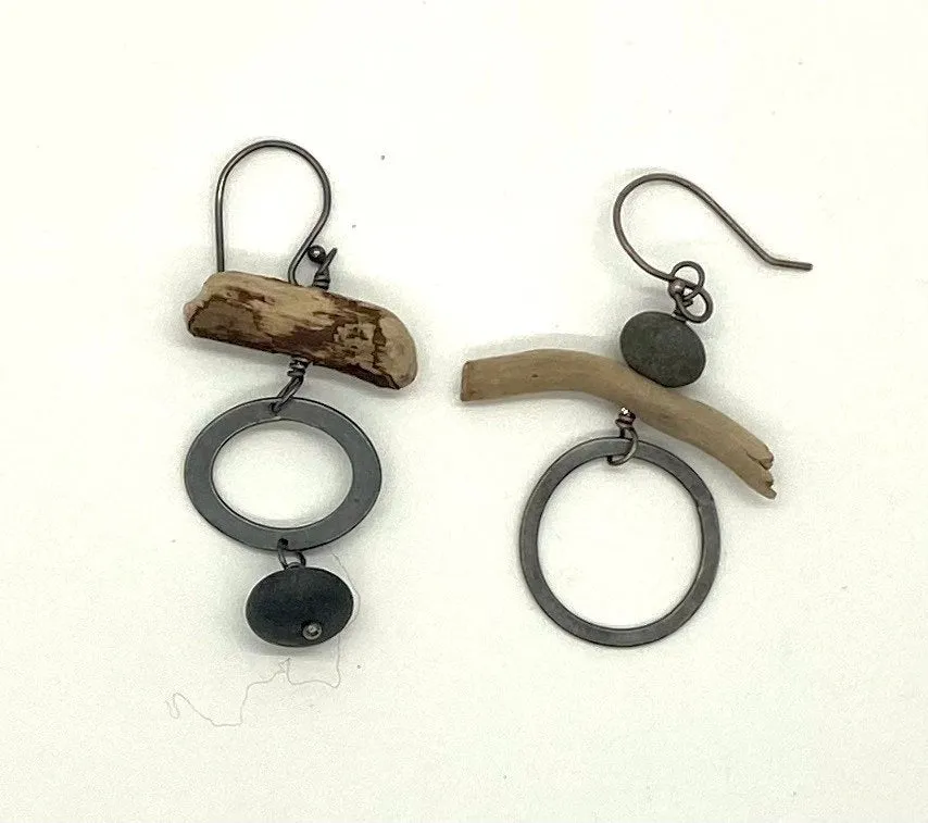 Mis matched rock and driftwood earrings