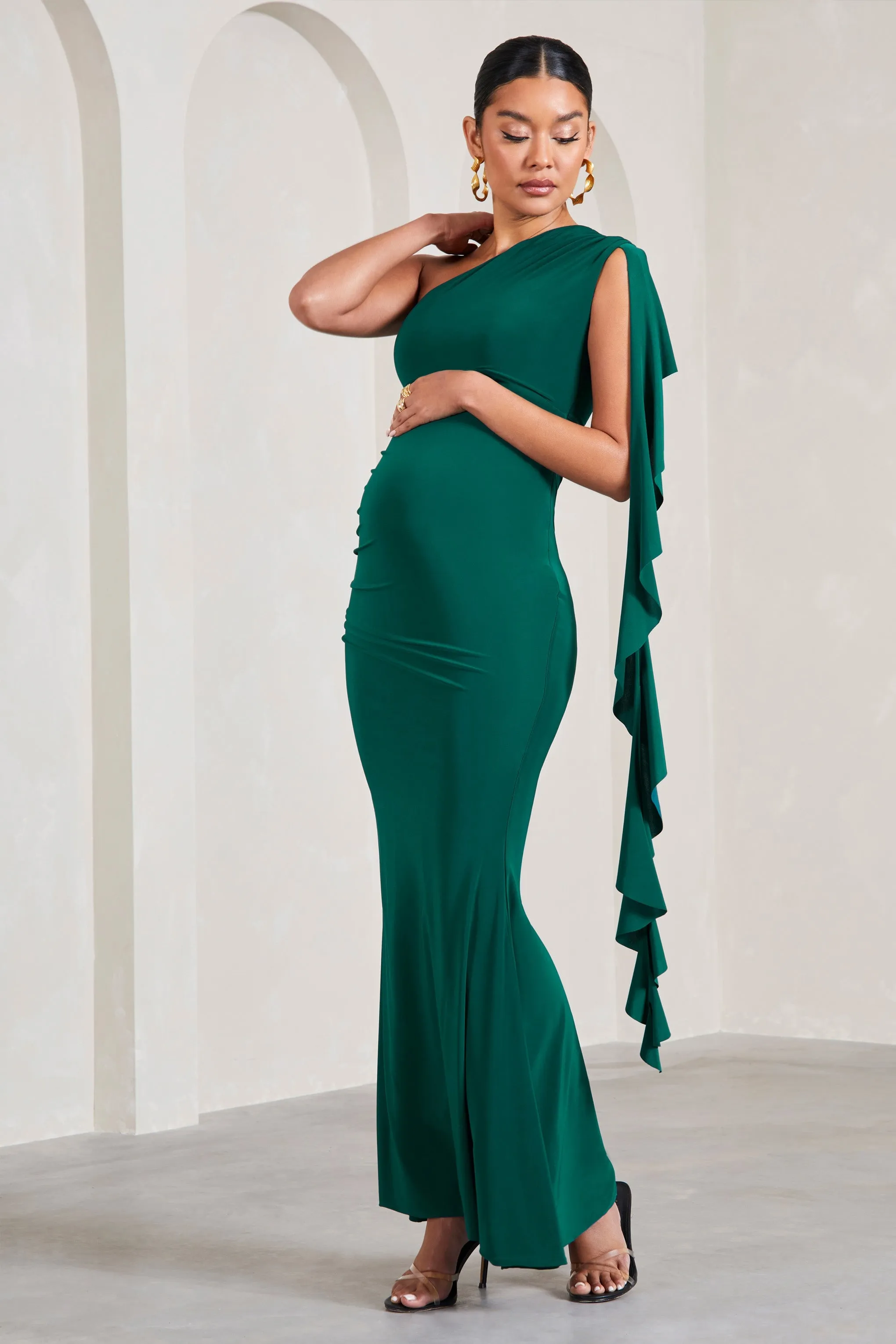 Rosalie | Robe longue de grossesse asymétrique vert bouteille avec volants