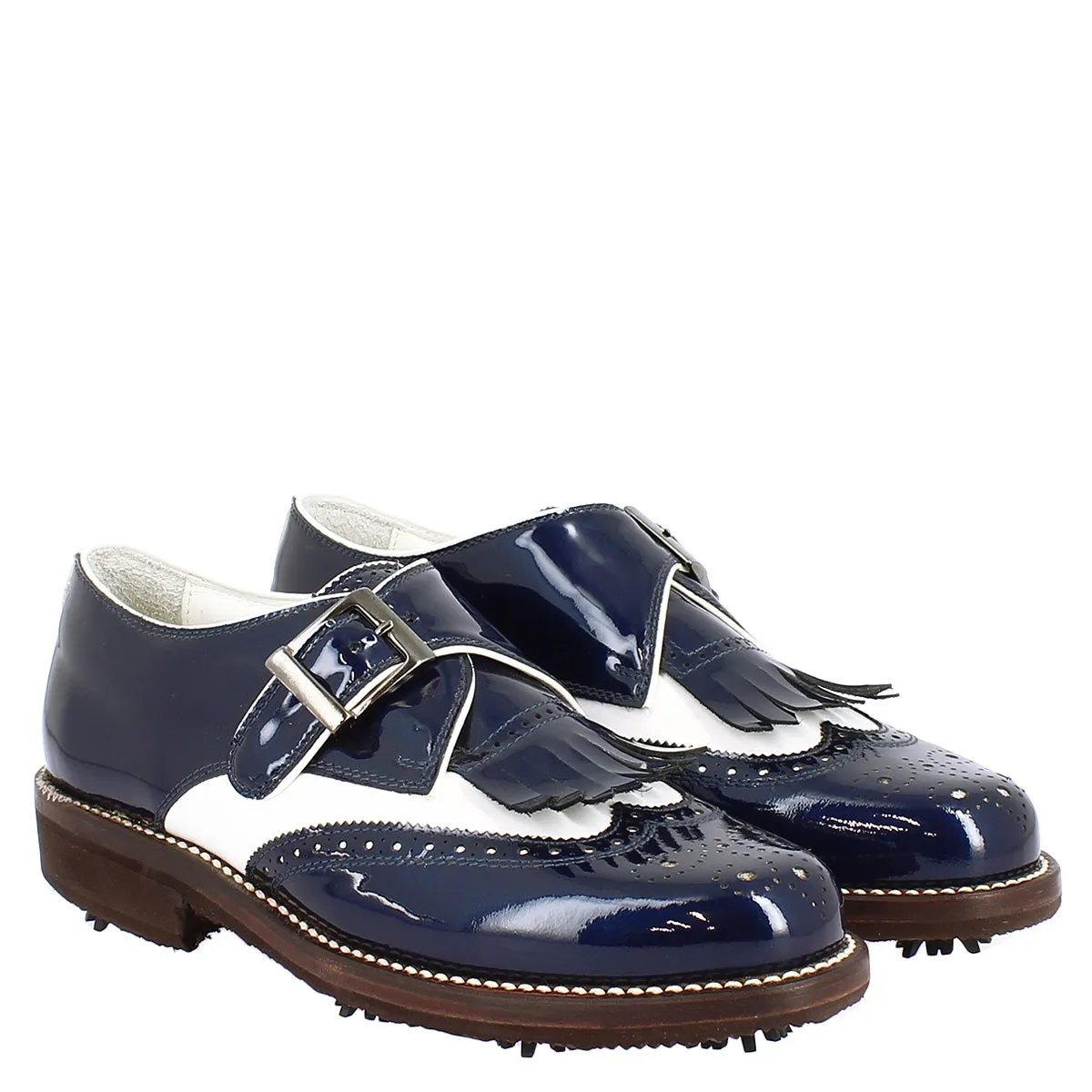 Scarpe con fibbia da golf uomo in pelle bianca e vernice blu