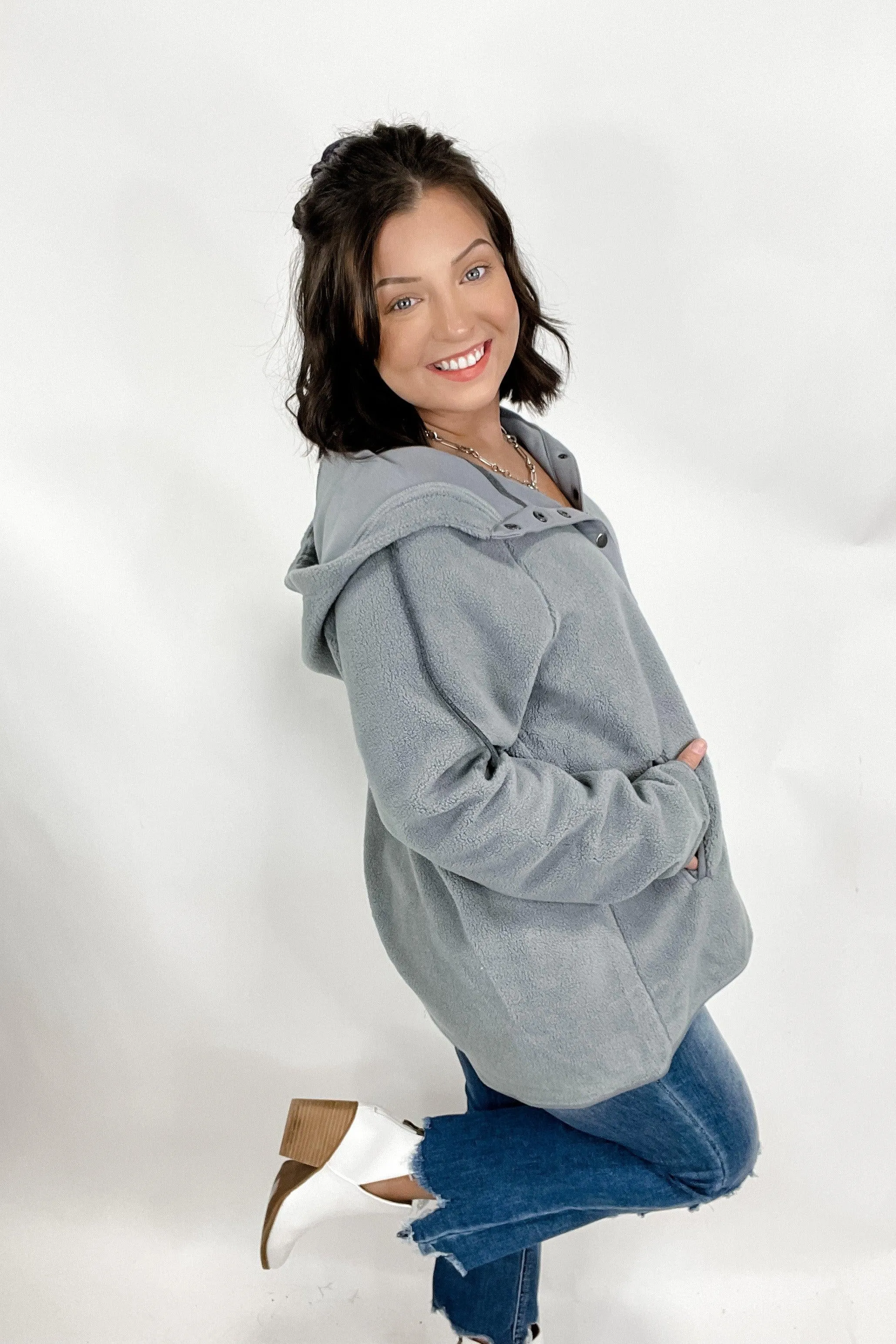 Warning Signs- {Gray & Olive} Short Pile Sherpa Hoodie w/ Snaps